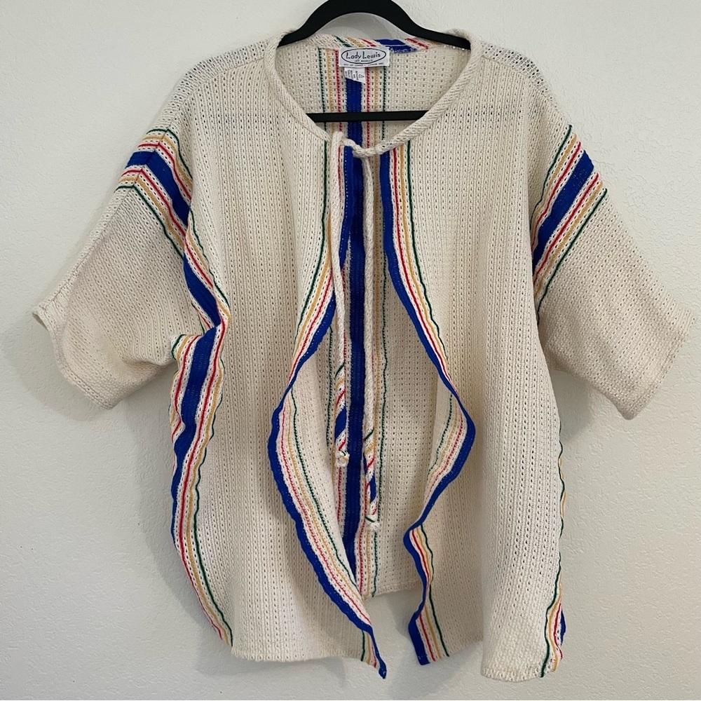 VTG 70’s Lady Lewis Multicolor Retro Stripe Knit Short Sleeve Sweater, LG/XL
